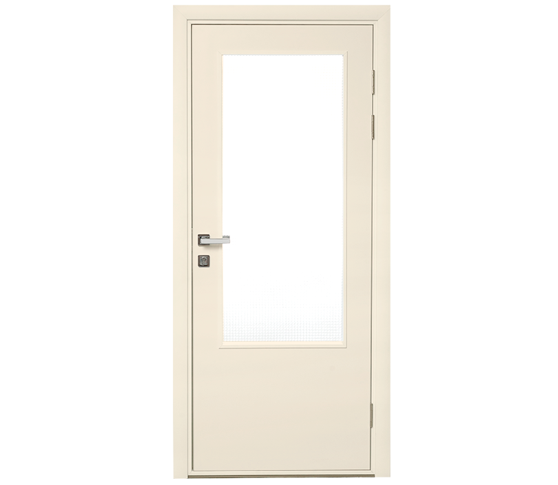 Влагостойкая дверь ПВХ EtaDoor с окном кремовая одностворчатая с ПВХ кромкой