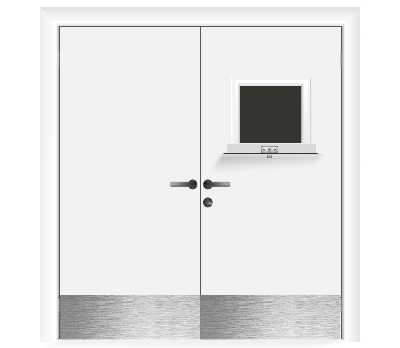 Влагостойкая дверь ПВХ EtaDoor с передаточным окном белая двухстворчатая с отбойной пластиной
