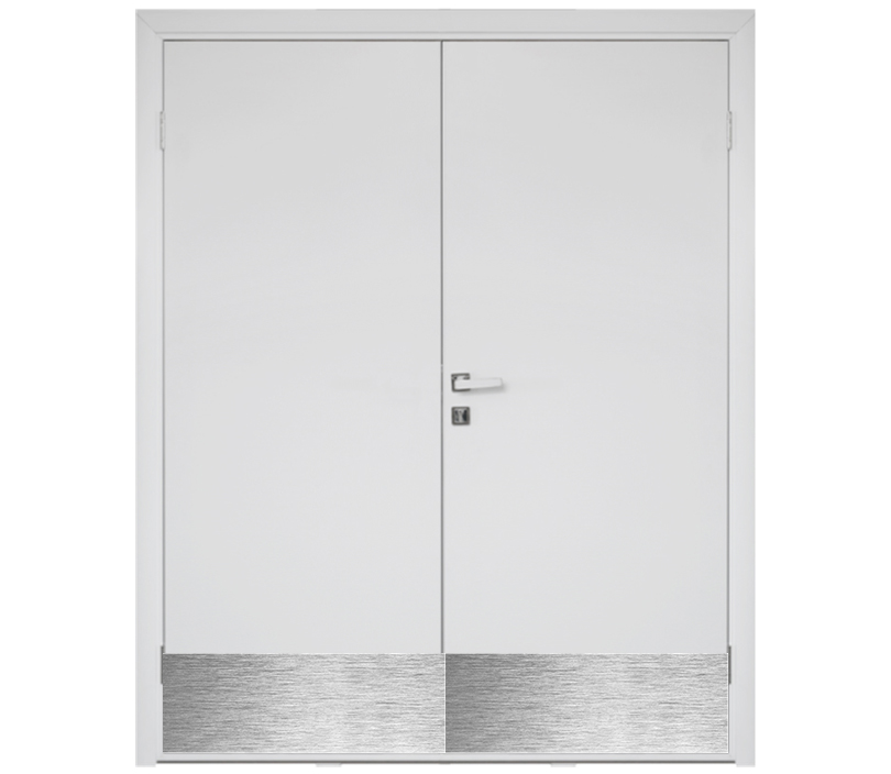 Влагостойкая дверь ПВХ EtaDoor глухая белая двухстворчатая с отбойной пластиной