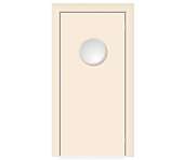 Влагостойкая дверь ПВХ EtaDoor с иллюминатором кремовая маятниковая одностворчатая с алюминиевой кромкой
